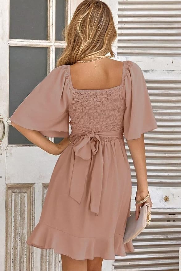Dokotoo Women's Wrap V Neck Short Flared Sleeve Wedding Guest Dress Smocked Elastic Waist Tiered Belted Ruffle Hem Mini Dress