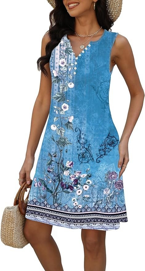 Beach Dresses for Women 2024 Vacation Swim Cover up V-Neck Summer Dress Button Down Sleeveless Boho Floral Sundress