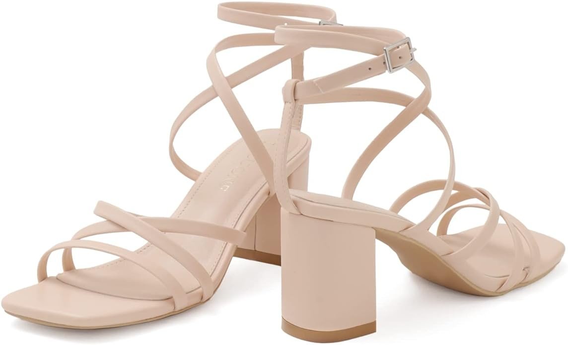 LACUONE Women's Mid Heels Square Toe Chunky Block Heeled Strappy Ankle Buckle Pump Sandals