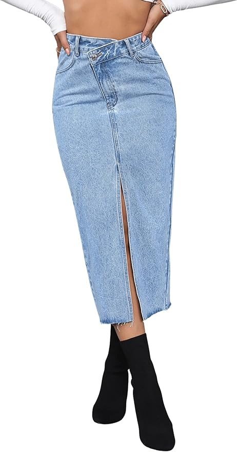 SweatyRocks Women's Casual High Waist Denim Skirt Split Hem Raw Trim Midi Jean Skirts