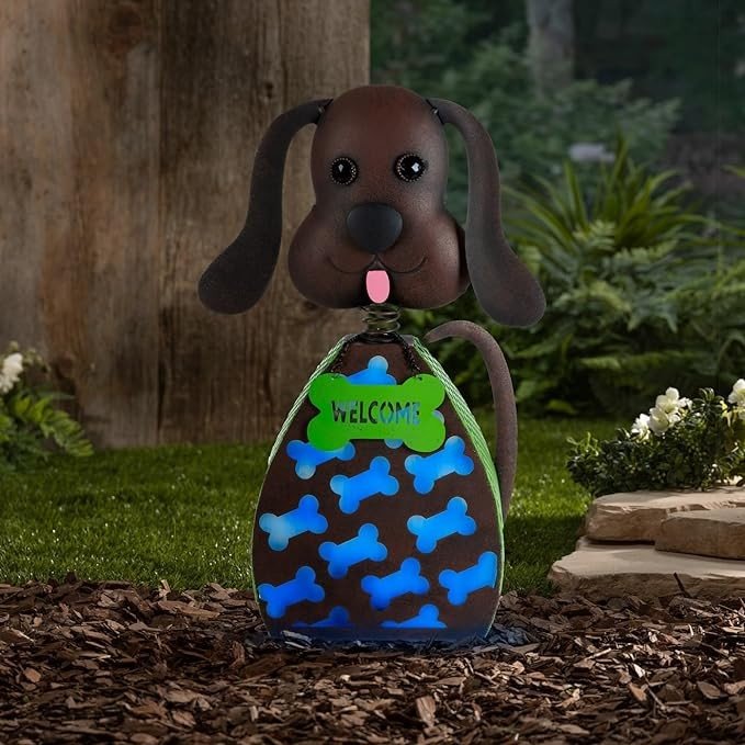 Way To Happiness Solar Metal Rustic Dog Garden Statue Powered Rechargeable Battery Blue Light Bobbling Head Brown Brushed Finish, 15 in Tall