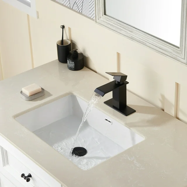 Mondawe Waterfall Spout Bathroom Sink Faucet, Single Handle 1/3 Hole Deck Mount Basin Hot & Cold Water Tap for Bathroom Lavatory
