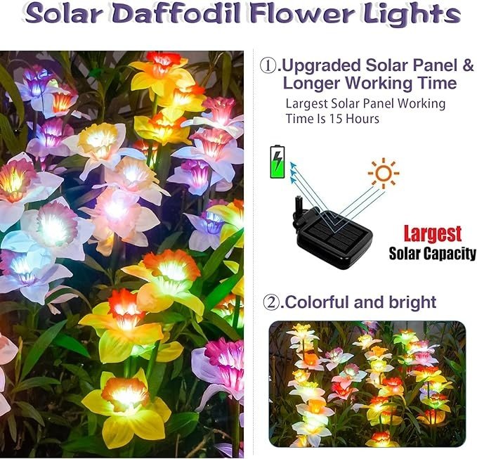 TONULAX Solar Garden Lights, Solar Daffodil Flower Lights, Color Changing Solar Lights for Outdoor, Solar Garden Outside Patio Yard Pathway Decor, Gifts for Mother (2 Pack)