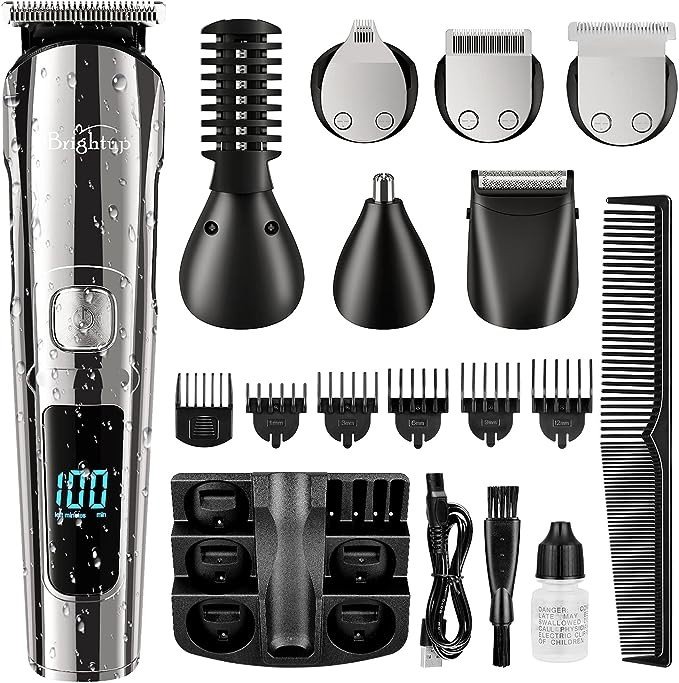 Brightup Beard Trimmer for Men - 19 Piece Mens Grooming Kit with Hair Clippers, Electric Razor, Shavers for Mustache, Body, Face, Ear, Nose Hair Trimmer, Gifts for Men, USB Rechargeable & LCD Display