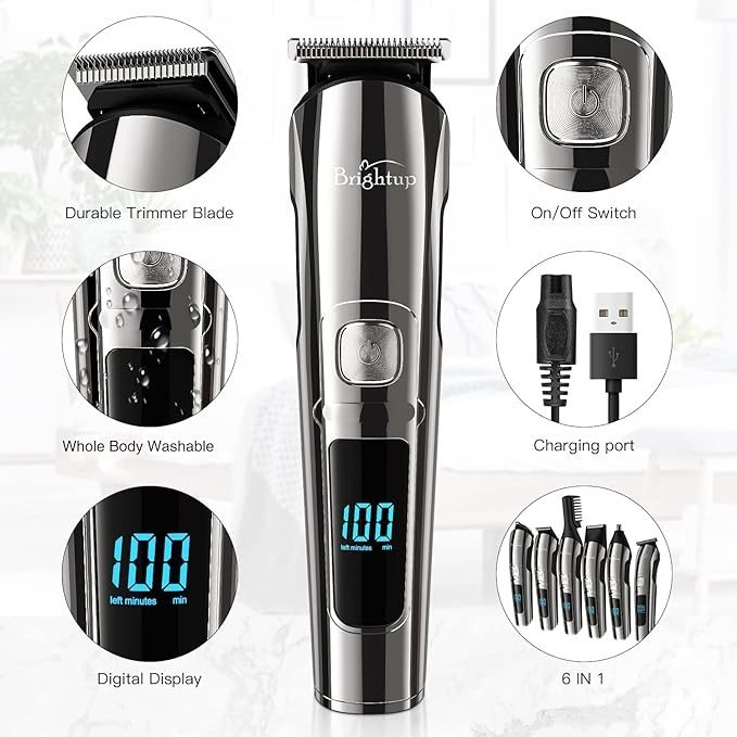 Brightup Beard Trimmer for Men - 19 Piece Mens Grooming Kit with Hair Clippers, Electric Razor, Shavers for Mustache, Body, Face, Ear, Nose Hair Trimmer, Gifts for Men, USB Rechargeable & LCD Display