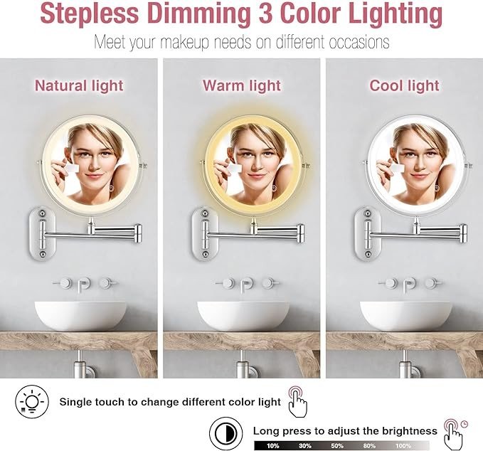 Rechargeable Wall Mounted Makeup Mirror with 3 Color Lights Touch Screen Dimmable,8 Inch Dual Sided 1X/10X Magnifying and 360° Swivel Extendable Vanity Mirror,Wall mirror for Bathroom Shaving