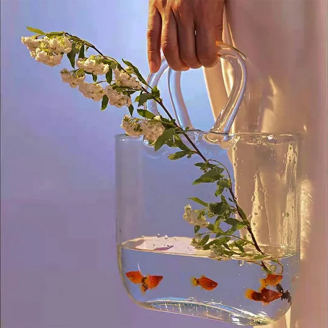 KYONANO Glass Purse Vases for Flowers,Hand Blown Pink Vase with Bubbles in It, Pink Flower Vase with Handles,Multifunction Bag Glass Vase for Home décor/Unique Fish Tank(1 Pink Vase Only)