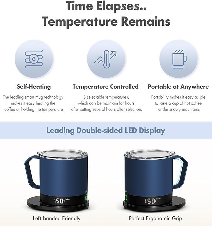 BUUO Temperature-Controlled Self-Heating Smart Coffee Tea Mug 16 Oz, Double-Sided LED Real-time Temperature Display with Maximum 214Min Battery Life Visit the buuo Store