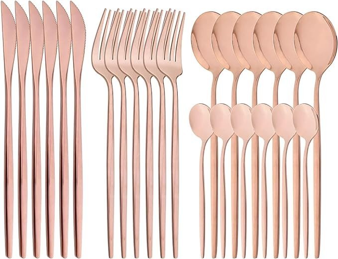 Snplowum 24-Piece Mirror Copper Polished Flatware, 18/0 Stainless Steel Dinnerware Set Include Knife Fork Spoon Teaspoon Cutlery Set For Home Restaurant and Party Service For 6, Dishwasher Safe
