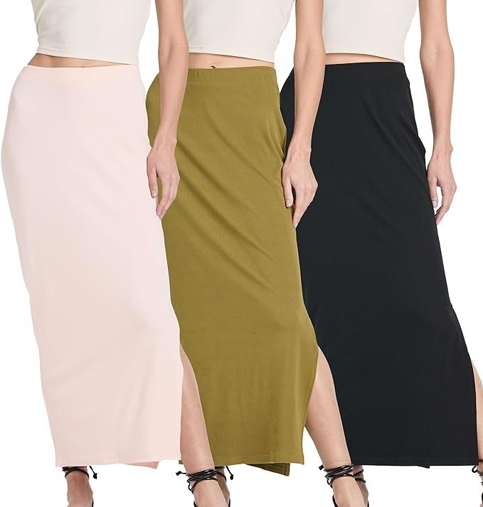 Real Essentials 3 Pack: Women's Ribbed High Waisted Maxi Skirt with Side Slit - Casual Long Pencil Skirt