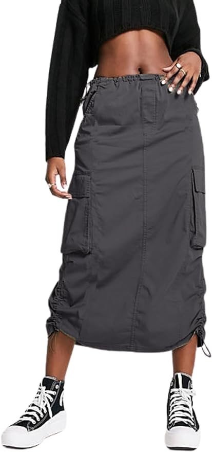 BLUEMING Cargo Long Skirts for Women Y2K Drawstring Waist Casual Back Split Skirts with Pockets