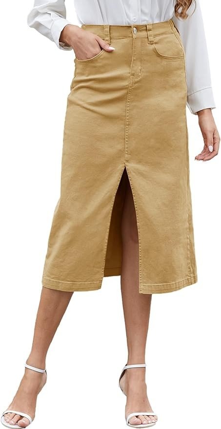 HERBATOMIA Women's Cargo Midi Skirt High Elastic Waist Front Slit Vintage Style Trendy Long Solid Skirts for Women