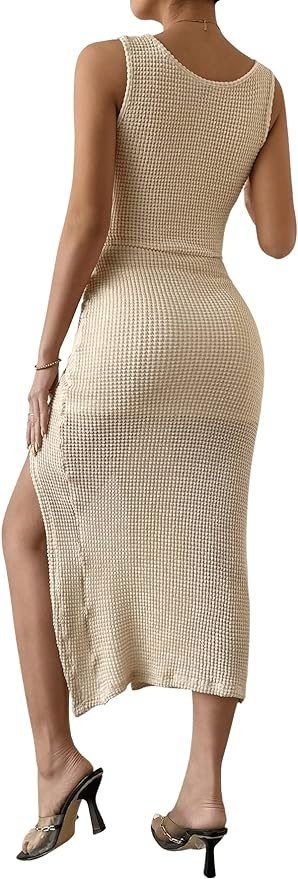 SOLY HUX Women's Sexy Deep V Neck Twist Front Cut Out Drawstring Split Bodycon Dress Sleeveless Midi Dresses