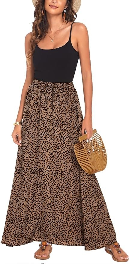 Bluetime Women Leopard Print Long Skirts Chiffon Summer Beach Pleated Elastic High Waisted Maxi Skirts