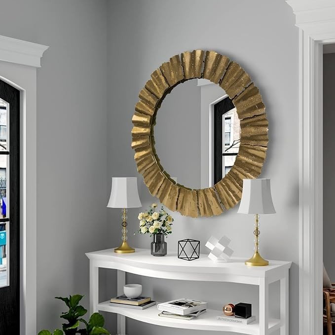 Gold Mirror, Handcrafted Round Wall Mirrors Decorative Modern Wall-Mounted Mirrors for Living Room, Entryway, Foyer, Hallway, Bedroom, 32IN Large Wall Mirror