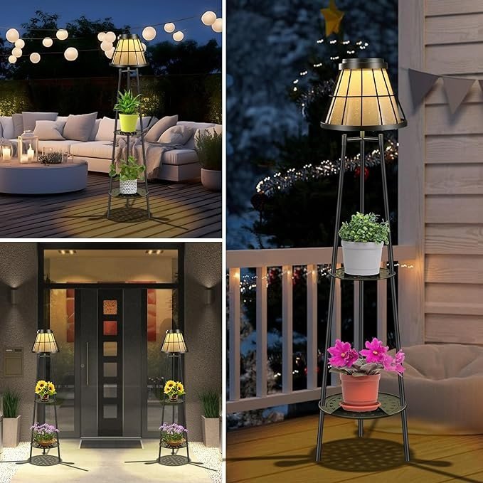 45.4'' Metal Outdoor Solar Floor Lamps 2 Pack, Waterproof Solar Lantern Lights with 2 Plant Stand, Solar Lights Plant Stand for Patio Deck Yard Pathway Porch Garden- Black